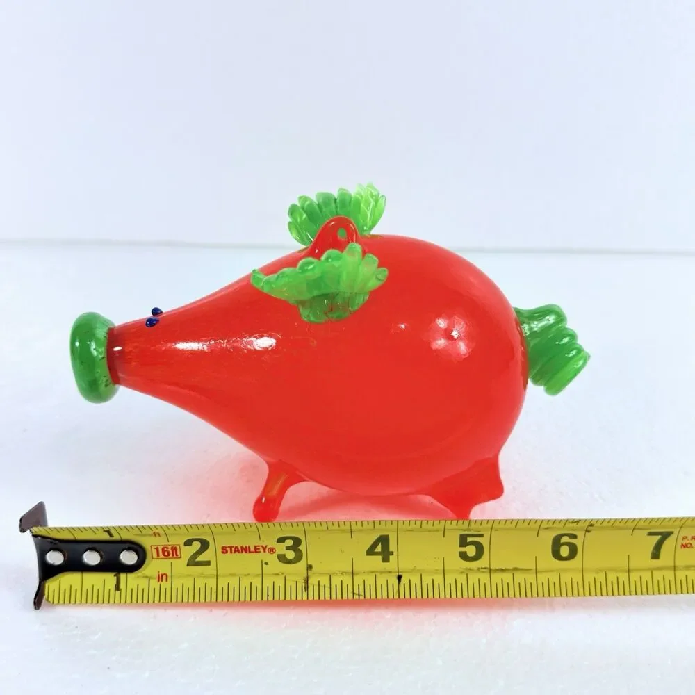 Handmade Blown Glass Flying Pig W/ Wings Orange & Green Art Animal Decor